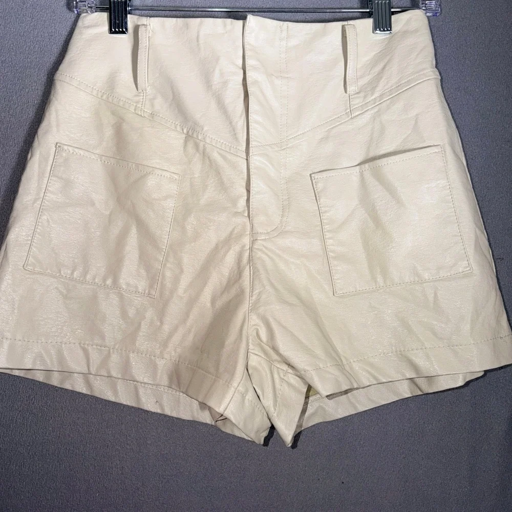 Olivaceous Small Faux Leather High‎ Waisted Shorts Cream Neutral Minimalist Chic